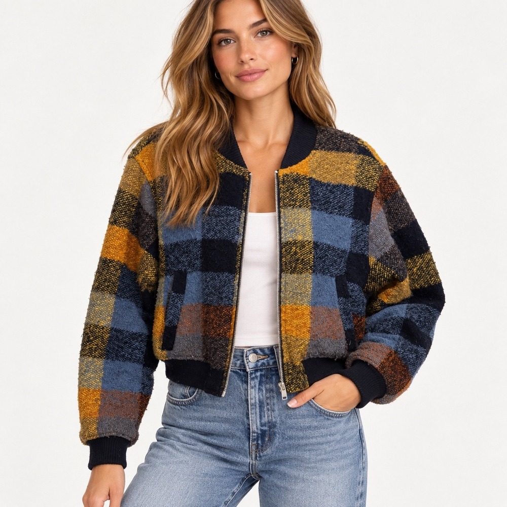 House of Harlow 1960 Wool Blend Plaid Bomber Jacket Navy Mustard Yellow Small
